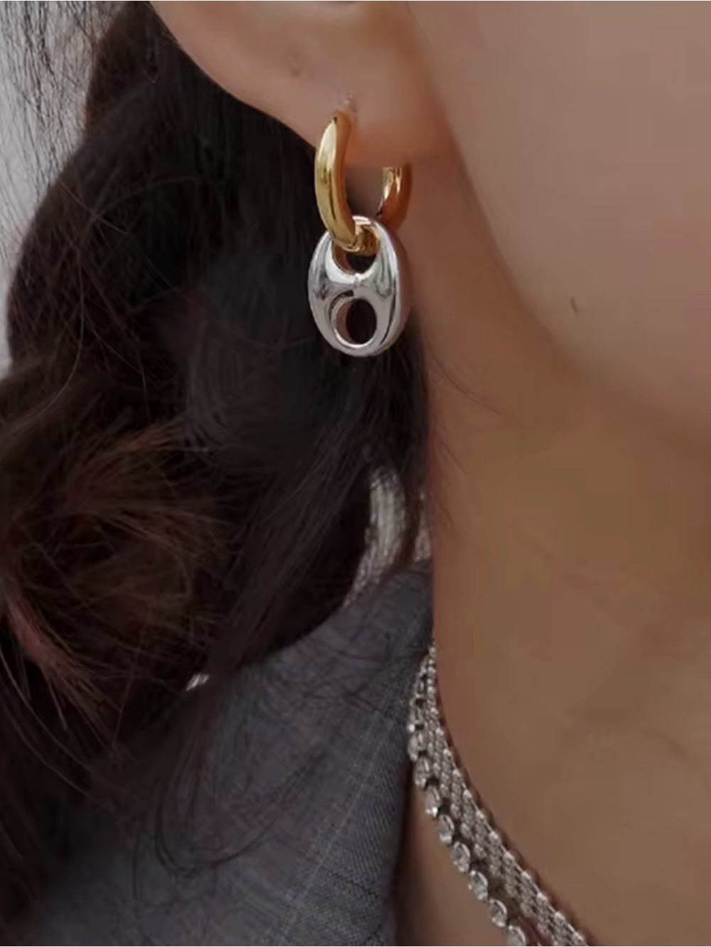18k Gold Filled Two-Tone Gold and Silver Hoop Drop Earrings